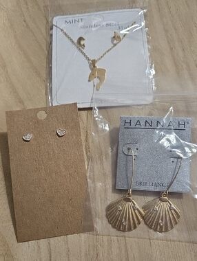 Hannah Gold Shell Drop Earrings, Gold Heart Studs & Dolphin Pendant And Earrings